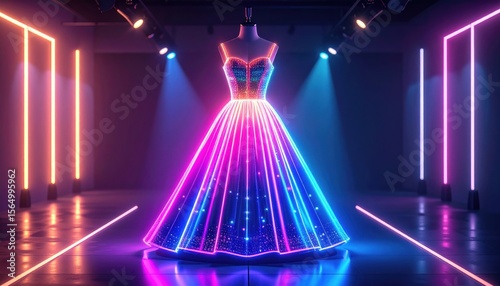 Illuminated dress mannequin amid glowing neon in futuristic showroom