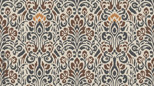 Elegant damask pattern presents a symmetrical design with floral and scroll elements, featuring a blend of brown, gray, and beige hues for a timeless aesthetic, Filipino traditonal embroidery seamless
