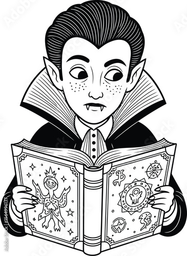 A cartoon vampire reading a spellbook with magical symbols and creatures