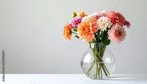 Wallpaper Mural Floral arrangement of colorful dahlias in round glass vase on white table against light background Torontodigital.ca