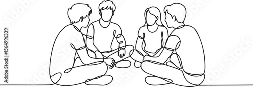 Continuous Line Drawing of Four People Sitting in Circle, Symbolizing Unity, Collaboration, and Shared Experiences in a Meeting