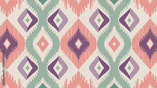 Geometric ikat pattern with diamond shapes and pastel colors creates a visually appealing, seamless fabric design, Filipino traditonal embroidery seamless design, Yakan cloth design
