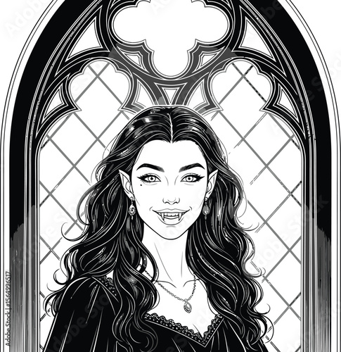 Illustration of a vampire woman with fangs in front of a gothic window
