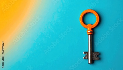 Orange and silver key on a bright blue backdrop, lit from the left side by yellow