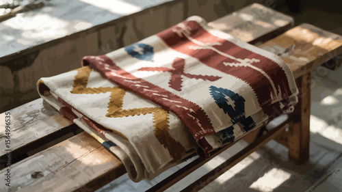 Authentic woven throw blanket with tribal patterns rests on a rustic wooden bench bathed in soft, natural sunlight creating a warm, inviting vibe.
