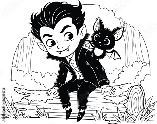 Cartoon vampire sitting on a log with a bat in a forest black and white line
