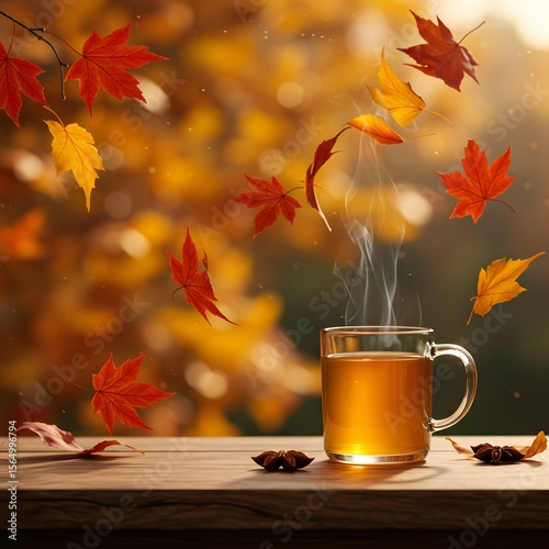 Cozy mug with warm tea for autumn mornings and relaxing moments