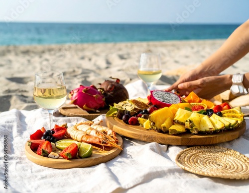 Summer Beach Picnic with Fresh Seafood and Fruit Platter