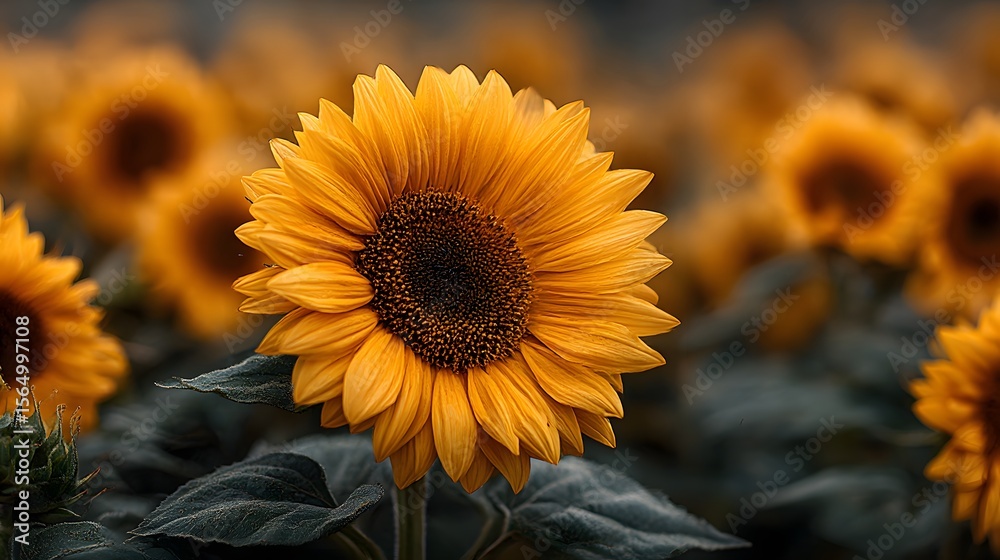 Fototapeta premium Vibrant golden sunflower bloom with dark center and green leaves golden yellow dark brown center