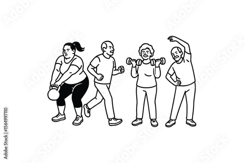 Hand drawn illustrations plus size individuals engaged in sport or fitness activities