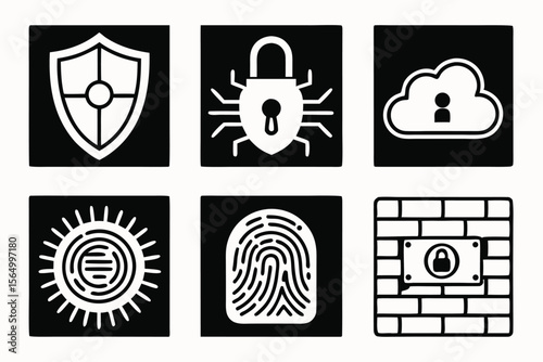 Collection of cybersecurity and data protection icons including shield lock cloud fingerprint and firewall