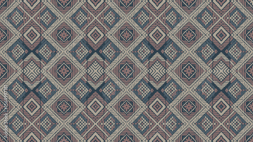 Geometric diamonds weave a captivating pattern with subtle textures, ideal for backgrounds and textile designs in pink, blue, and beige, Filipino traditonal embroidery seamless design, Yakan cloth des