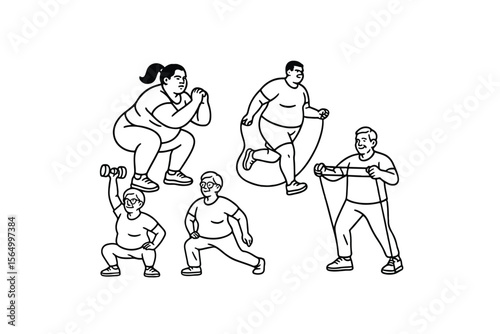 Hand drawn illustrations plus size individuals engaged in sport or fitness activities