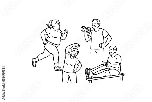 Hand drawn illustrations plus size individuals engaged in sport or fitness activities