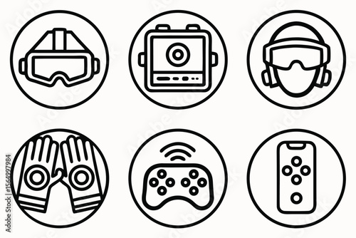 Virtual reality technology icons featuring vr headset gloves controller and mobile device