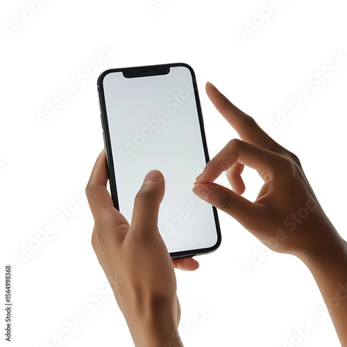 Person s hands using a modern smartphone with a blank white screen