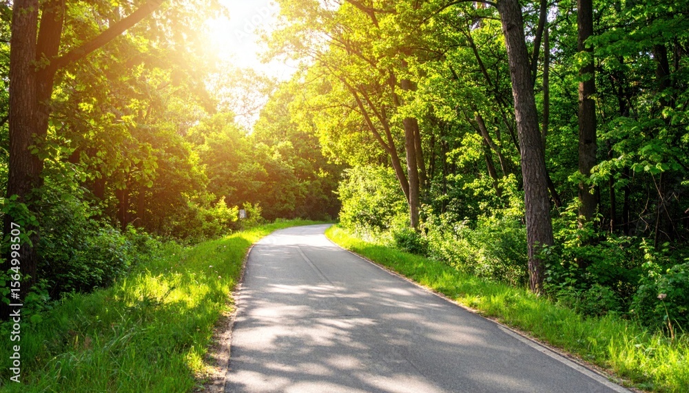 Naklejka premium Sunlit asphalt road curves through dense green forest, dappled light on the path ahead