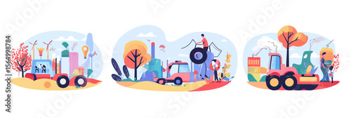 Sustainable agriculture and eco friendly farming concept with modern tractors, wind turbines, renewable energy and environmental care in autumn landscape vector illustration