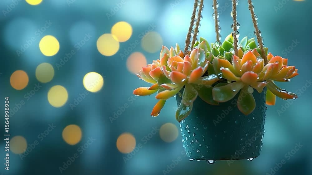 Hanging succulent planter with water droplets