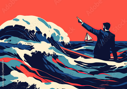 Businessman pointing forward on small boat navigating large ocean waves with sailboat in background minimalist vector illustration leadership teamwork crisis concept