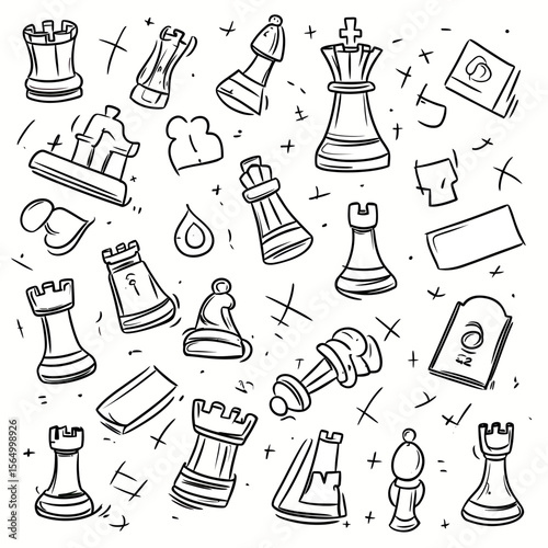 Hand drawn doodle cartoon chess game pieces set with rooks bishops king queen pawns isolated minimalist vector illustration for chess tournaments and competition design