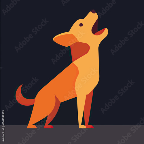 Minimalist flat vector illustration of a barking dog in profile with orange and yellow geometric shapes on dark background for pet or animal concept