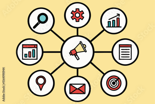 Digital marketing strategy hub with icons representing key business functions