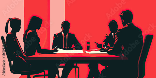 Five business people in formal attire seated around conference table engaged in meeting discussion teamwork minimal flat design vector illustration on red background