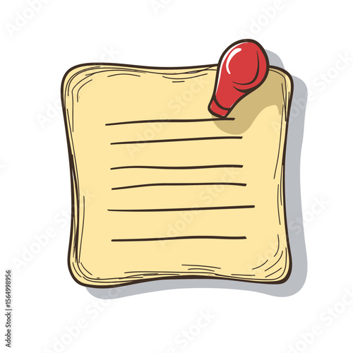 Hand drawn square sticky note with five horizontal lines pinned by red thumbtack doodle sketch style isolated on white background vector illustration