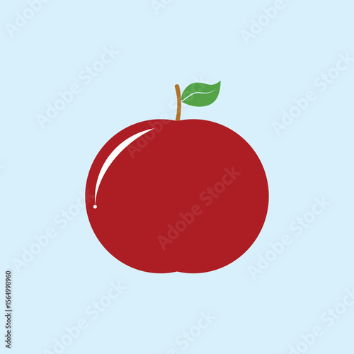 Illustration of fresh red apple with green leaves on light blue background. Suitable for food, health, nutrition, healthy lifestyle, and children's educational content themes.