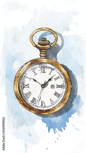 Vintage pocket watch with Roman numerals and date display watercolor painting on blue background timekeeping concept old classic timer accessory flat minimalist vector style digital art