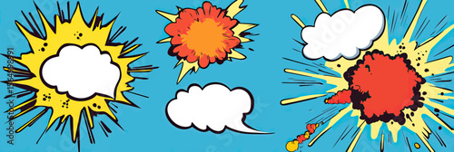 Set of colorful comic book style explosions with blank speech bubbles on blue background, pop art burst effects with dynamic explosive shapes and vibrant colors vector illustration