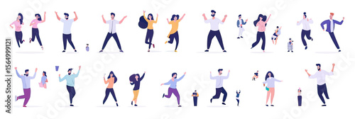 Diverse group of happy people jumping dancing celebrating expressing excitement joy and positive emotions flat vector illustration in minimalist style
