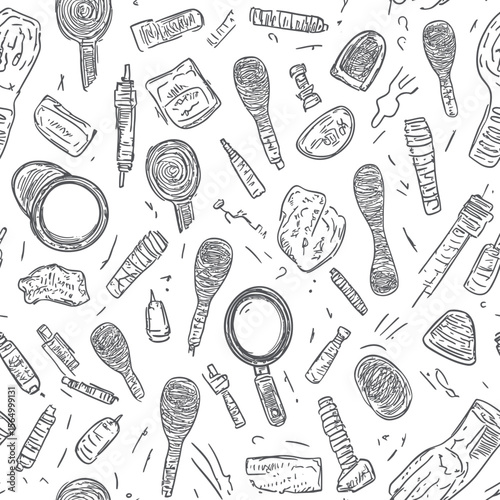 Hand drawn detective investigation seamless pattern with magnifying glasses, fingerprints, crime evidence, and sketch doodle style forensic icons background