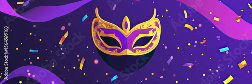 Venetian styled gold and purple carnival mask with festive confetti and colorful ribbons on dark purple background for party celebration design