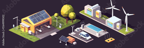 Isometric modern private house with solar panels electric cars charging station and wind turbines eco friendly energy concept flat vector illustration