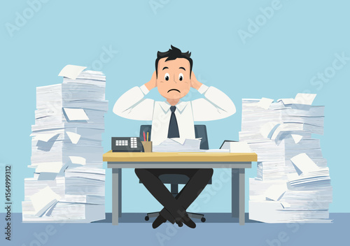 Stressed businessman sitting at office desk overwhelmed by large stacks of paperwork and unfinished documents in flat vector style