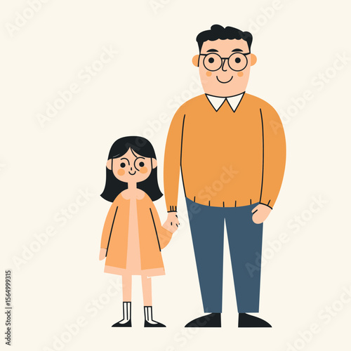Father holding daughter's hand simple flat style vector illustration smiling family with casual clothes and glasses standing together on white background
