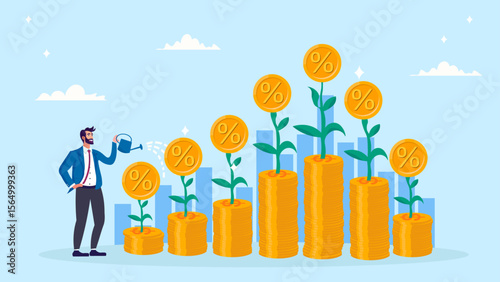 Compound interest growth, savings, investment or wealth accumulation formula, interest rate principal, profit or earning, prosperity concept, businessman watering compound interest seedling growth. 