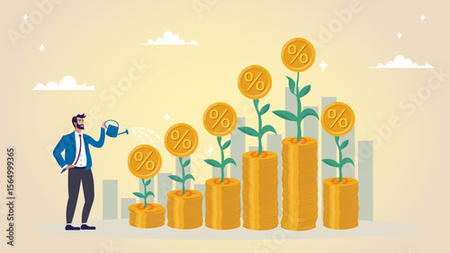 Compound interest growth, savings, investment or wealth accumulation formula, interest rate principal, profit or earning, prosperity concept, businessman watering compound interest seedling growth. 