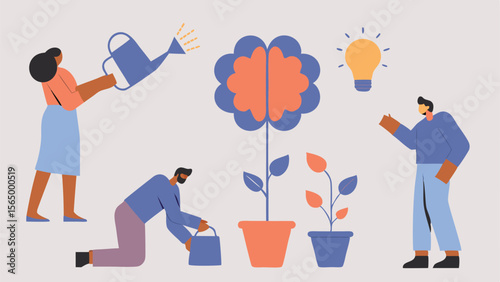 People nurturing plants with brain flower and light bulb representing growth and innovation concept art