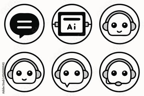 Collection of cute ai chatbot icons representing communication and customer service