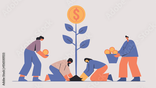 Illustration of people nurturing a money tree with coins and a bucket of wealth for financial growth and success