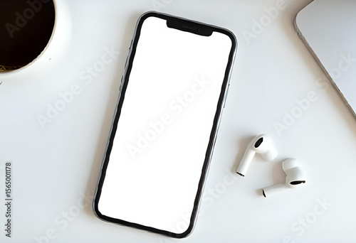 A blank vertical smartphone screen on a white table beside a coffee cup, soft daylight, ideal for app UI/UX or podcast branding mockup.