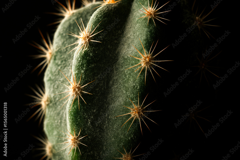 Fototapeta premium Dramatic Close-Up of a Spiny Green Cactus in Low Light