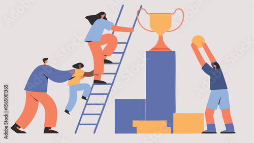 People climbing ladder towards trophy and building blocks together as a team to reach success goal