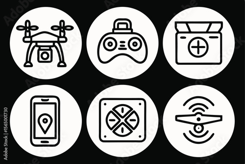 Collection of drone technology icons including a drone controller camera and smartphone
