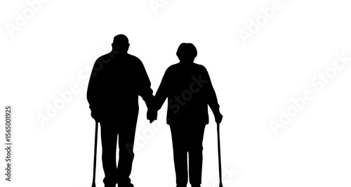 Silhouette of an elderly couple holding hands and using walking sticks against a white background scene