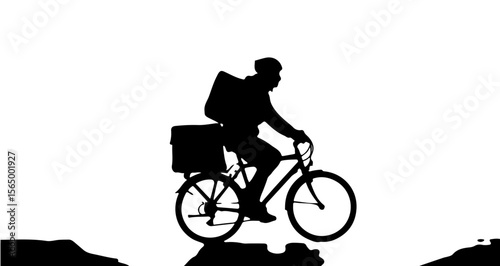 Silhouette of a person riding a bicycle with bags on a bright white background image scene view