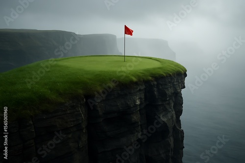 golf course flag on a cliffside green, surrounded by dramatic cliffs and fog, creating a surreal and challenging landscape